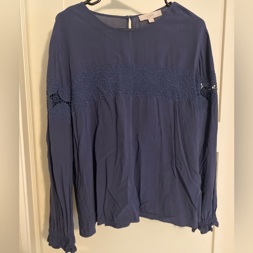 LOFT Navy Long-Sleeve Blouse with Lace Inset